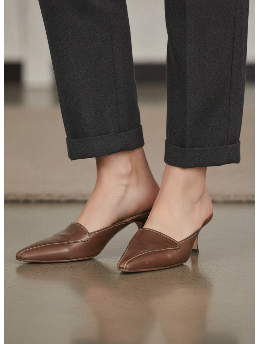 90s Vintage Manolo Blahnik Leather Stitched Pointed Mules | Size 7 US / 37.5 EU